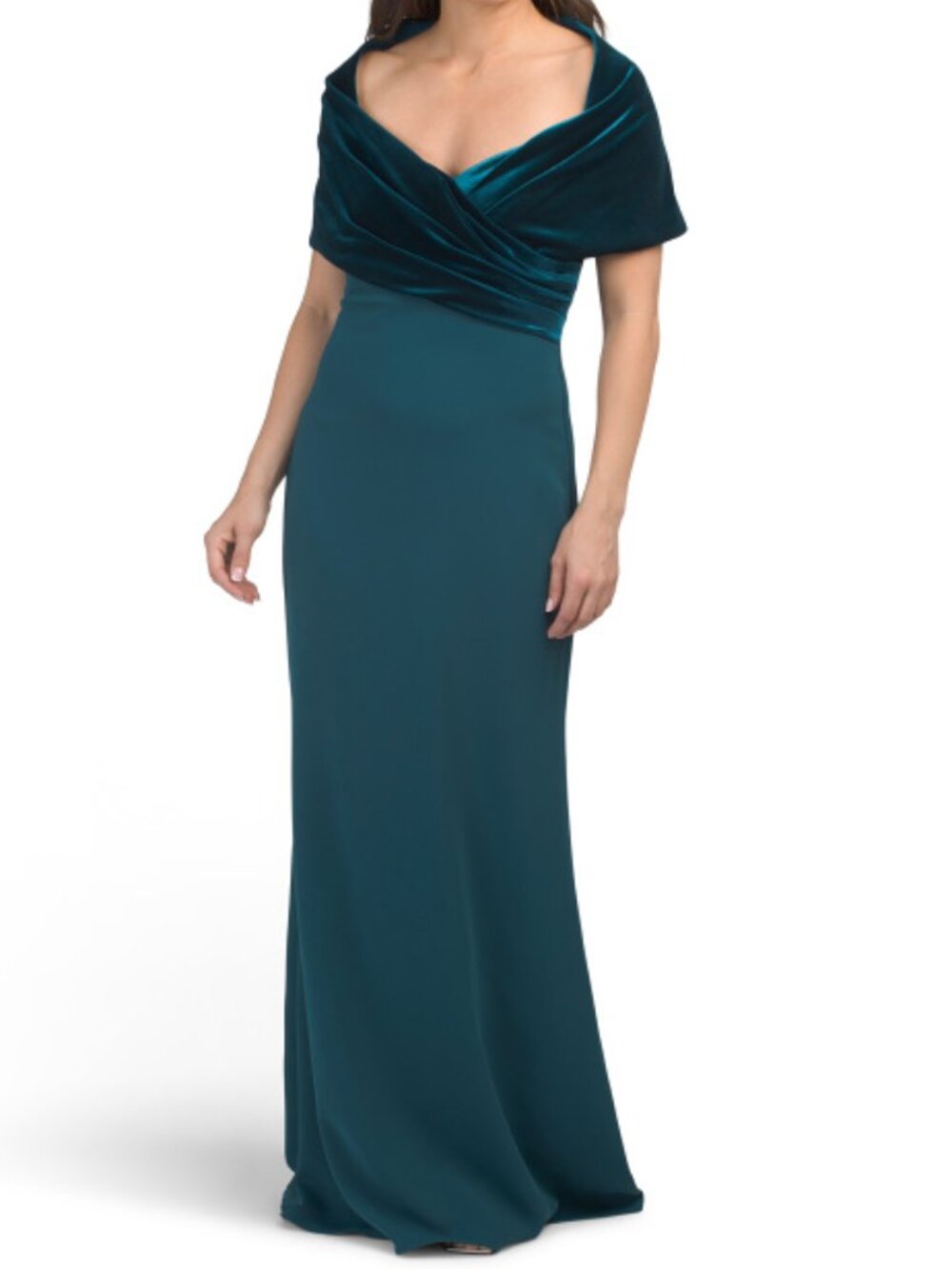 BADGLEY MISCHKA Velvet And Crepe Cowl Neck Column Gown